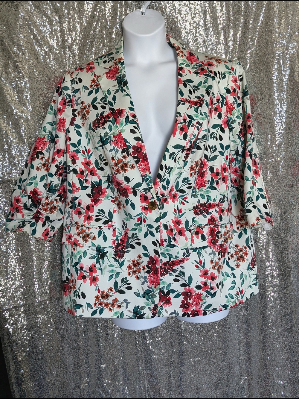 Calvin Klein White Floral Quarter Sleeve Blazer with Coral & Green Accents